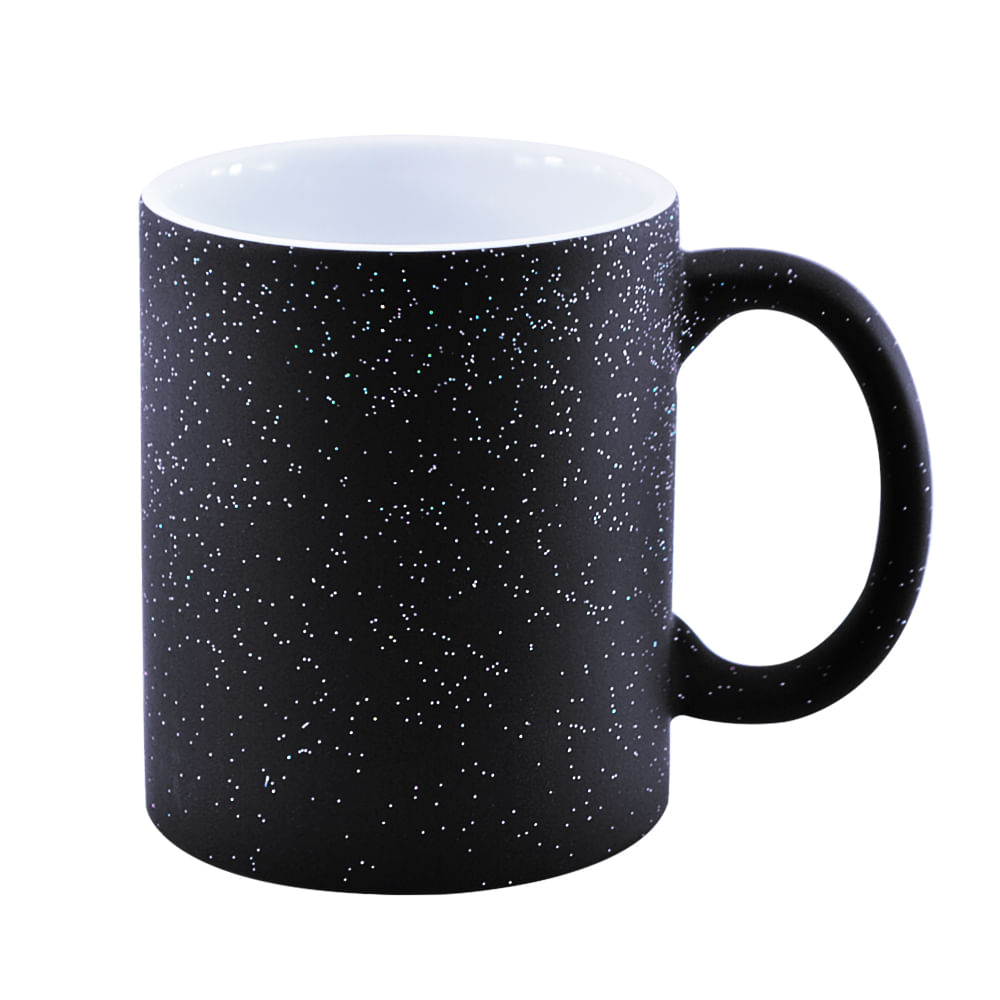   Caneca Mágica em Cerâmica para Sublimação - Preta Fosca com Glitter