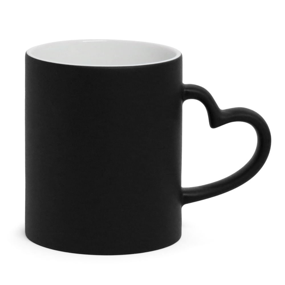   Caneca Mágica em Cerâmica alça coração para Sublimação - Preta Fosca