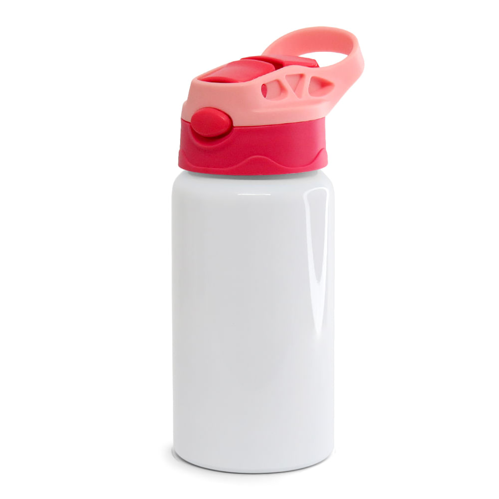 Squeeze de Alumínio Branco Infantil para Sublimação com Bico Automático Tampa Rosa e Vermelha - 500ml