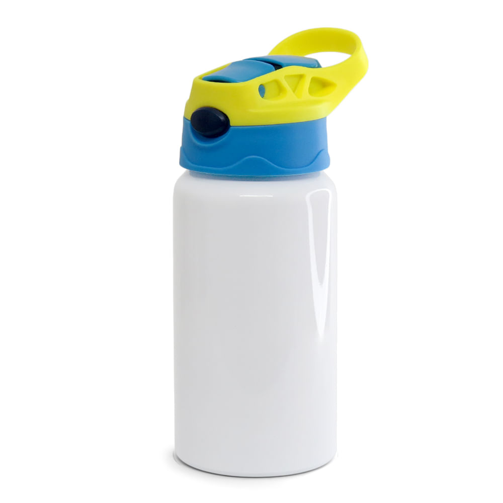  Squeeze de Alumínio Branco Infantil para Sublimação com Bico Automático Tampa Azul e Amarelo - 500ml