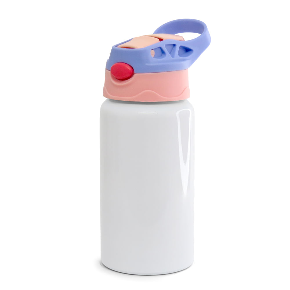  Squeeze de Alumínio Branco Infantil para Sublimação com Bico Automático Tampa Rosa e Lilás - 500ml