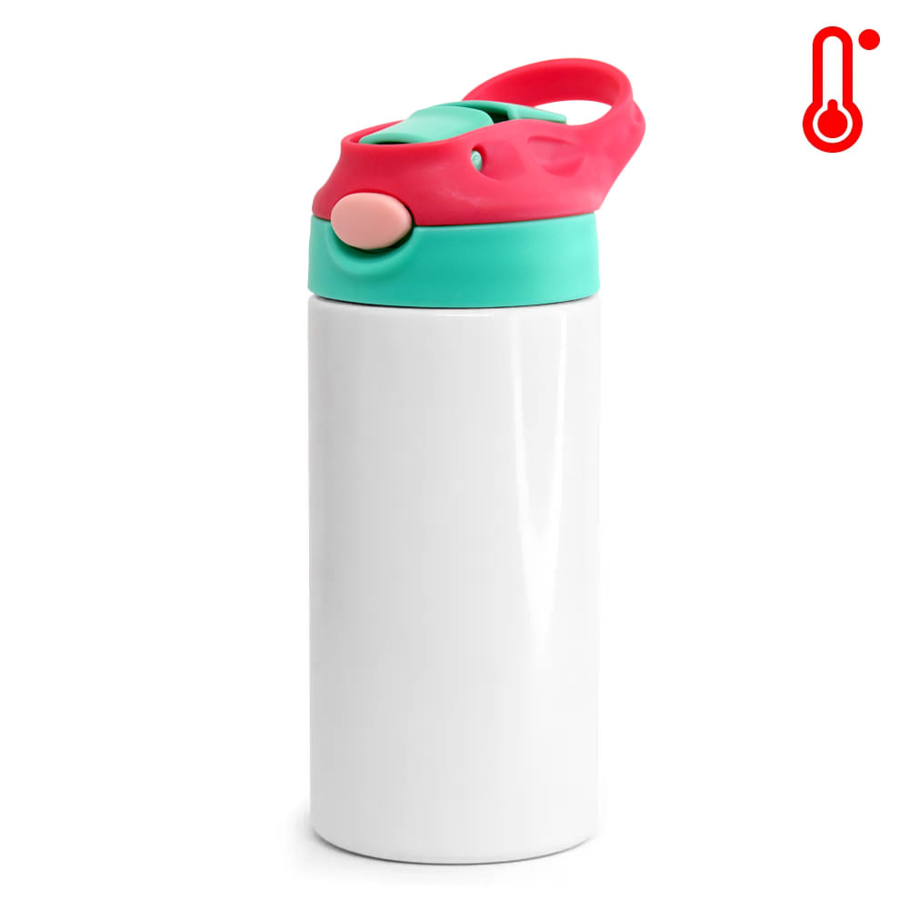Squeeze de Inox Branco Infantil para Sublimação com Bico Automático Tampa Verde e Vermelho - 350 ml 