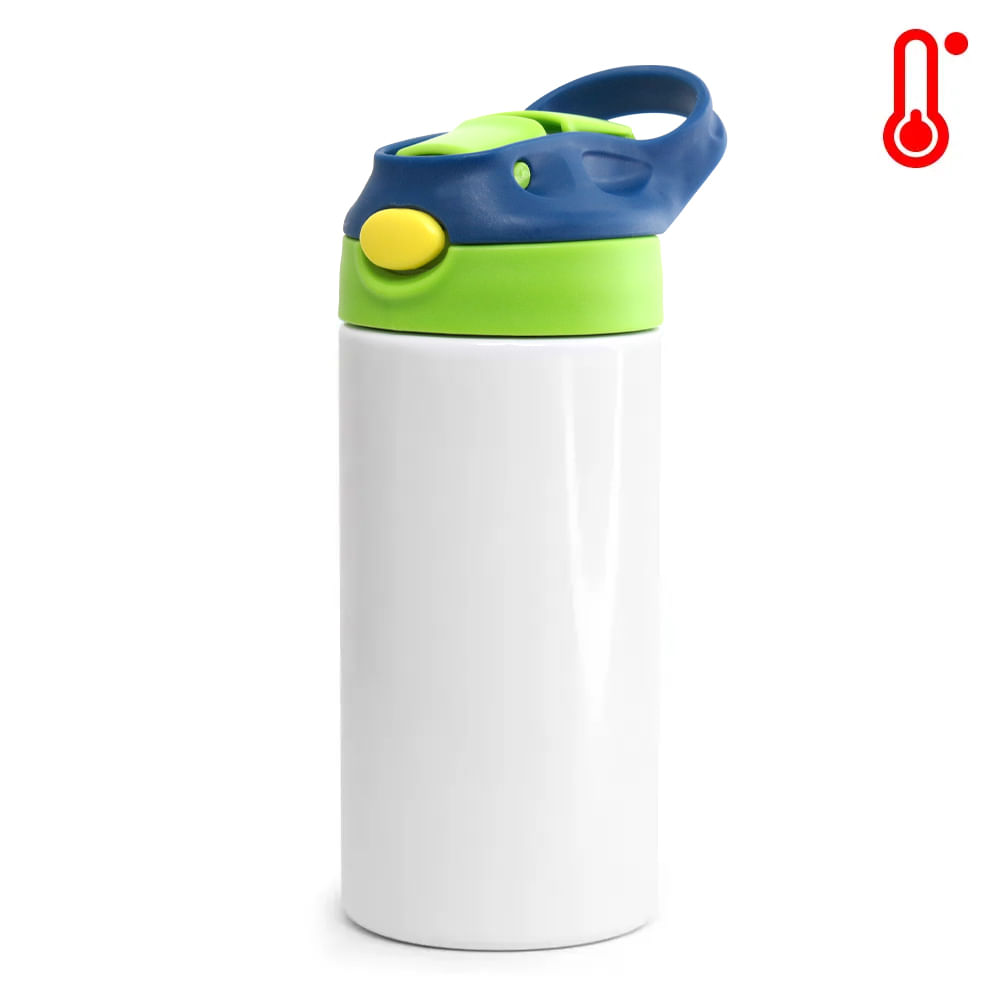 Squeeze de Inox Branco Infantil para Sublimação com Bico Automático  Tampa Azul e Verde - 350 ml