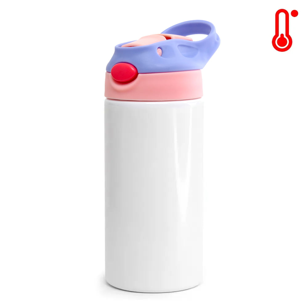 Squeeze de Inox Branco Infantil para Sublimação com Bico Automático Tampa Rosa e Lilás - 350ml