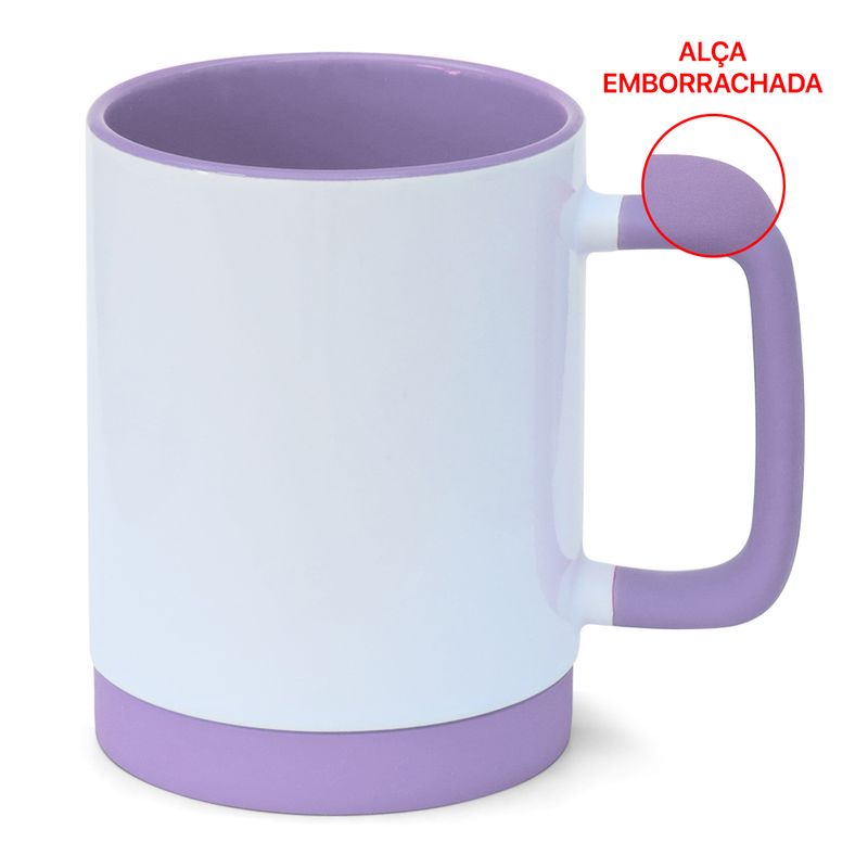 Caneca-para-Sublimacao-de-Ceramica-Branca-com-Alca-Soft-e-Base-em-Silicone-com-Interior-Lilas