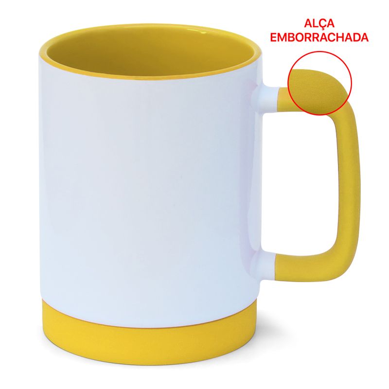 Caneca-para-Sublimacao-de-Ceramica-Branca-com-Alca-Soft-e-Base-em-Silicone-com-Interior-Amarela