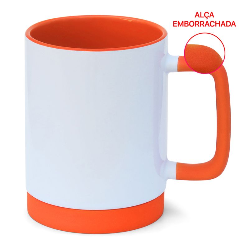 Caneca-para-Sublimacao-de-Ceramica-Branca-com-Alca-Soft-e-Base-em-Silicone-com-Interior-Laranja