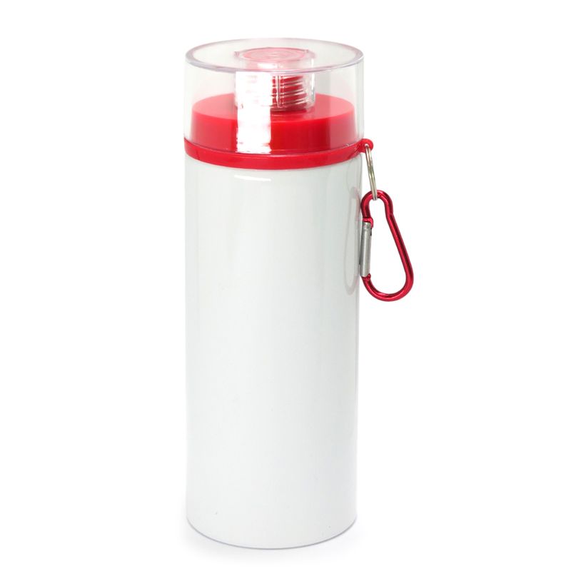 Squeeze-de-Aluminio-Branco-para-Sublimacao-com-Tampa-Acriilica-Cristal-de-Rosca-Mosquetao-Vermelha-600ml