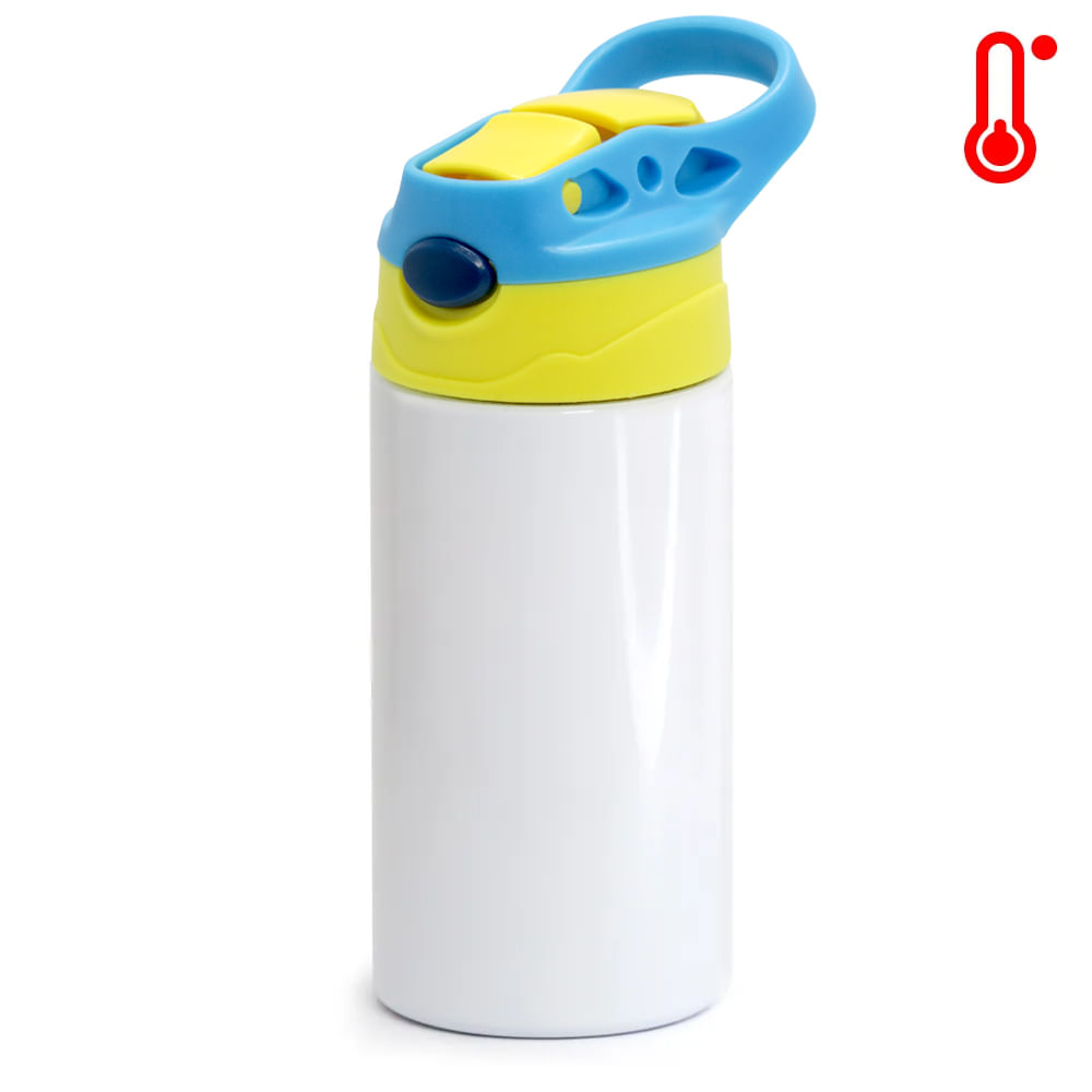 Squeeze de Inox Branco Infantil para Sublimação com Bico Automático Tampa Azul e Amarelo - 350ml