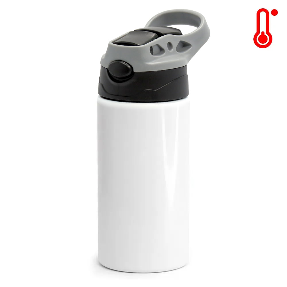 Squeeze de Inox Branco Infantil para Sublimação com Bico Automático Tampa Preta e Cinza - 350 ml 