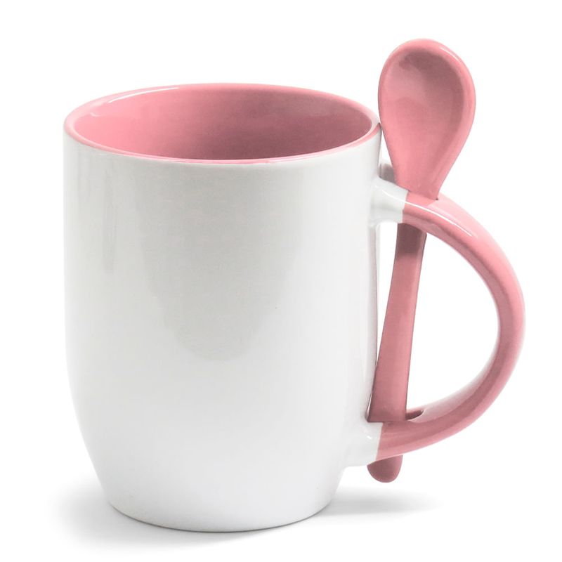 Caneca-para-Sublimacao-de-Ceramica-Branca-com-Alca-Interior-e-Colher---Rosa